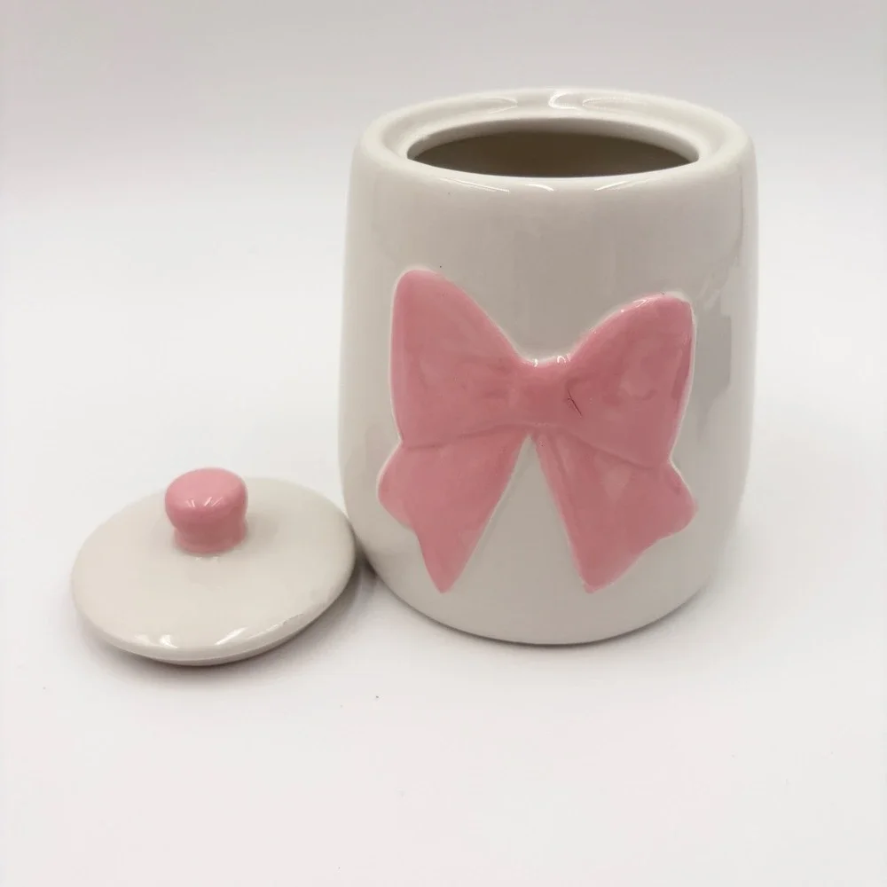 White Ceramic Bow Canister Pink Embossed Ribbon Lid Jar Coquette‎ Decor